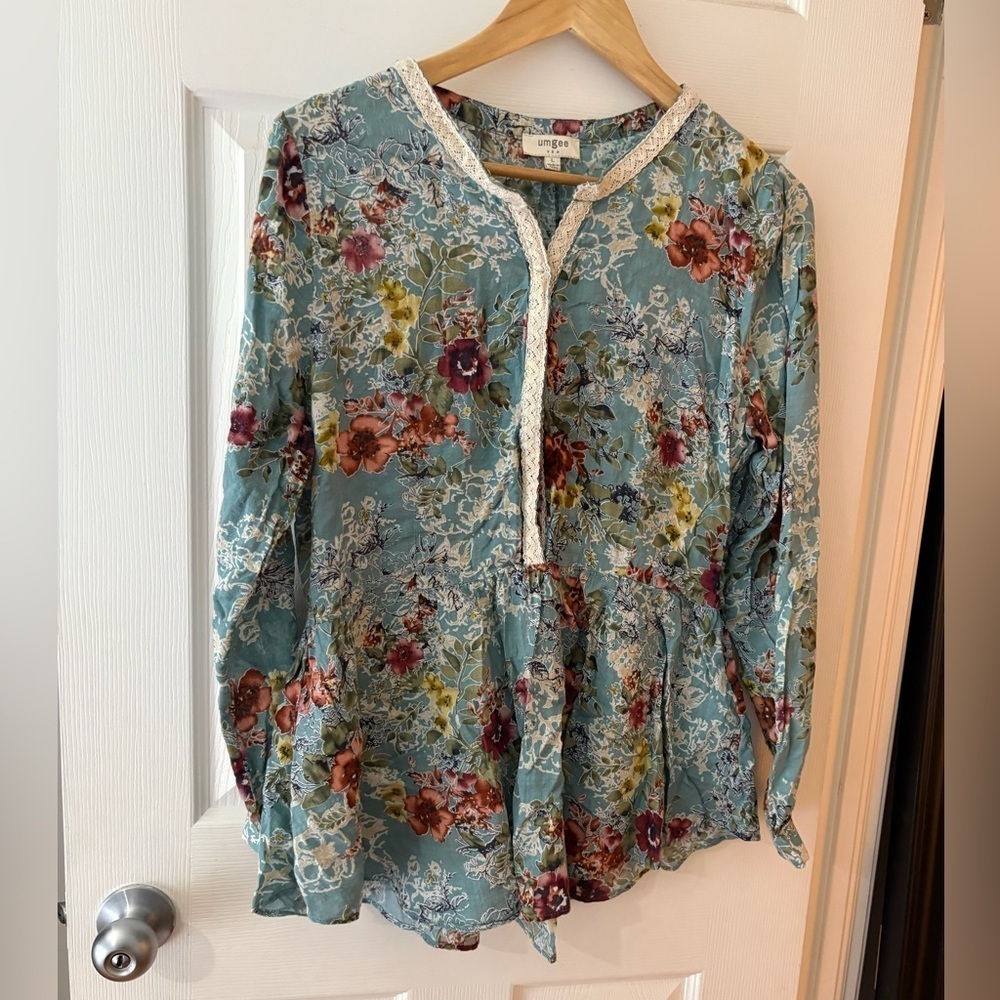 Umgee fall floral cottage long sleeve pullover hidden button blouse large